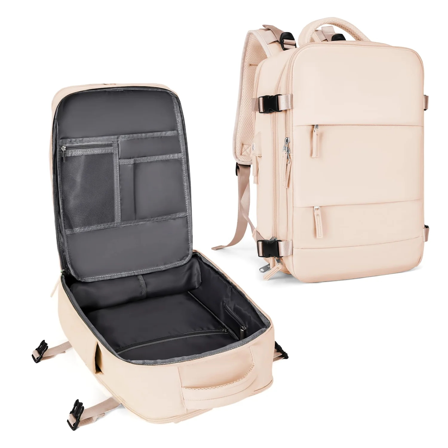 COOWOZ 25L travel backpack open, with the shoe pocket at the bottom