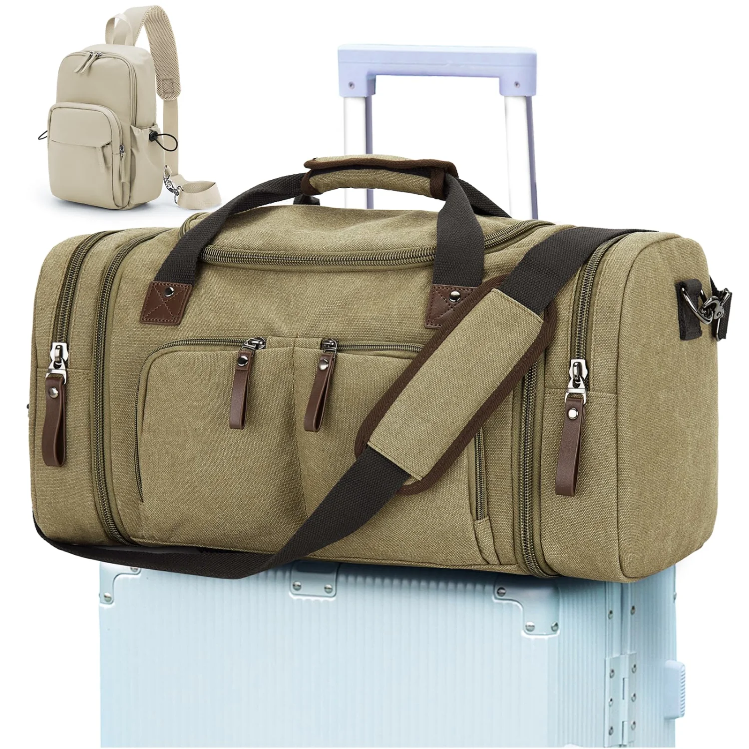 COOWOZ 40L Canvas Duffle Bag, Khaki