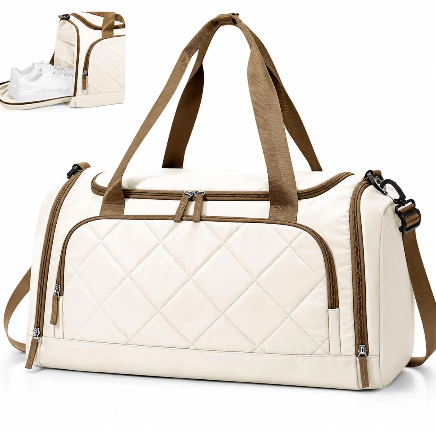 COOWOZ Quilted Weekender Bag, Beige Brown