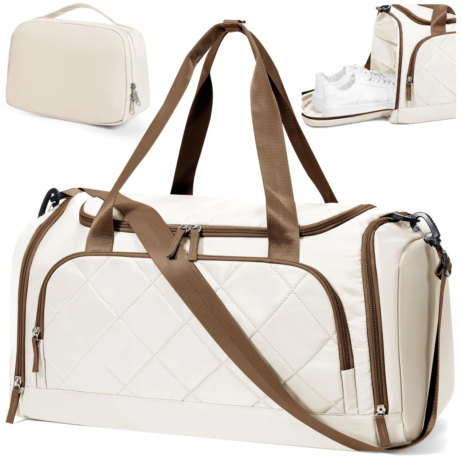 COOWOZ Quilted Weekender Bag, Beige Brown