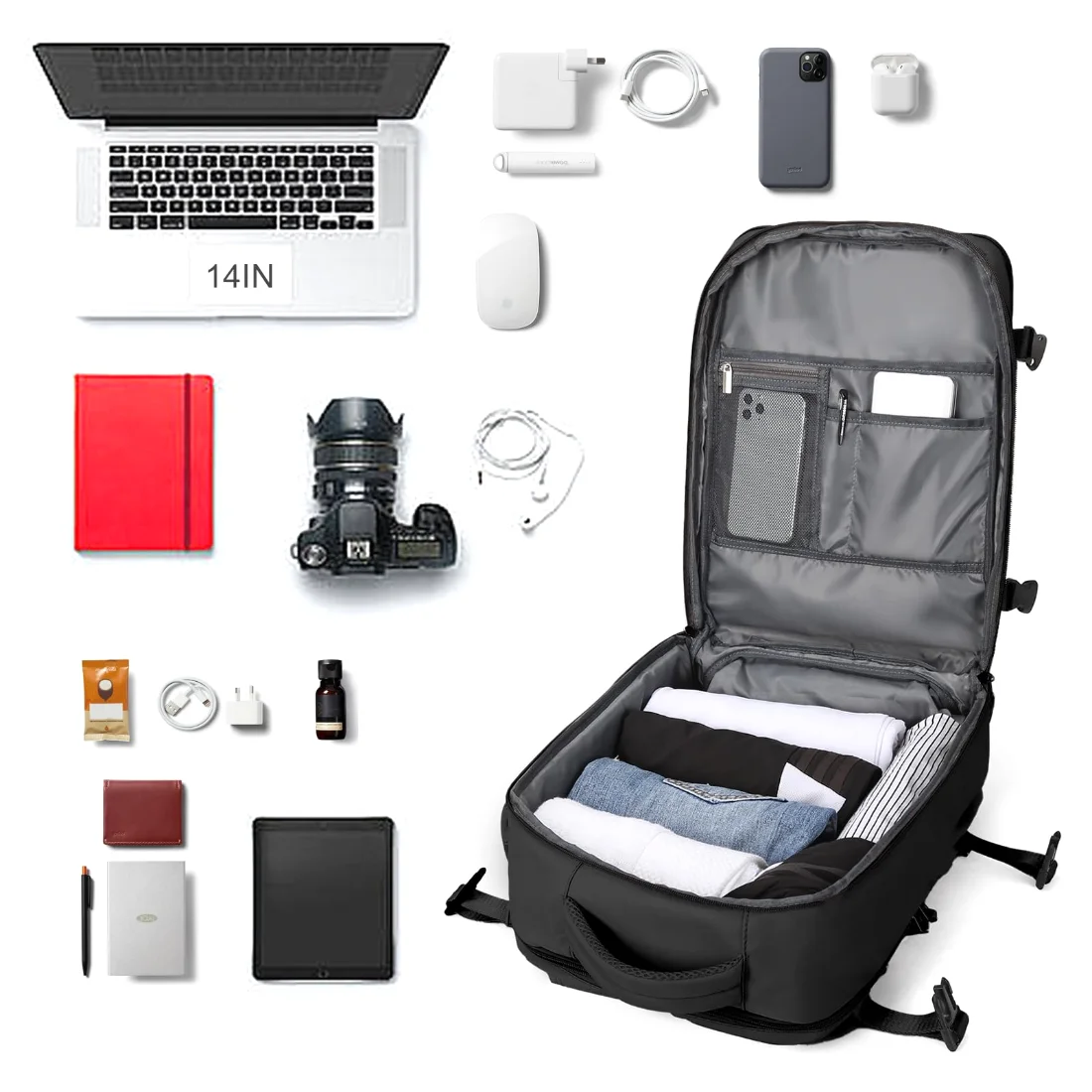 COOWOZ Front-Pocket Carry-On Backpack, Black, photo 3